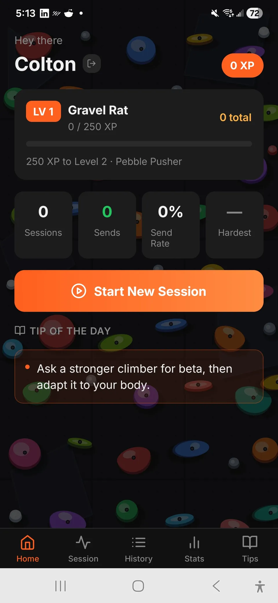BoulderLog home screen showing a climber profile, experience level, and session summary.
