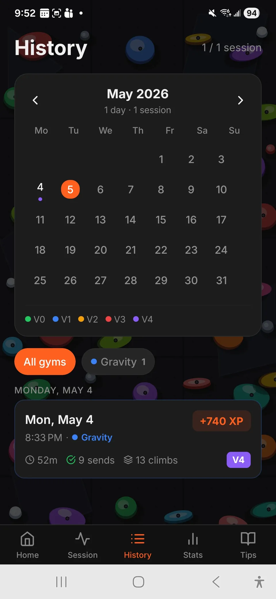 BoulderLog history calendar with a session summary and grade breakdown.