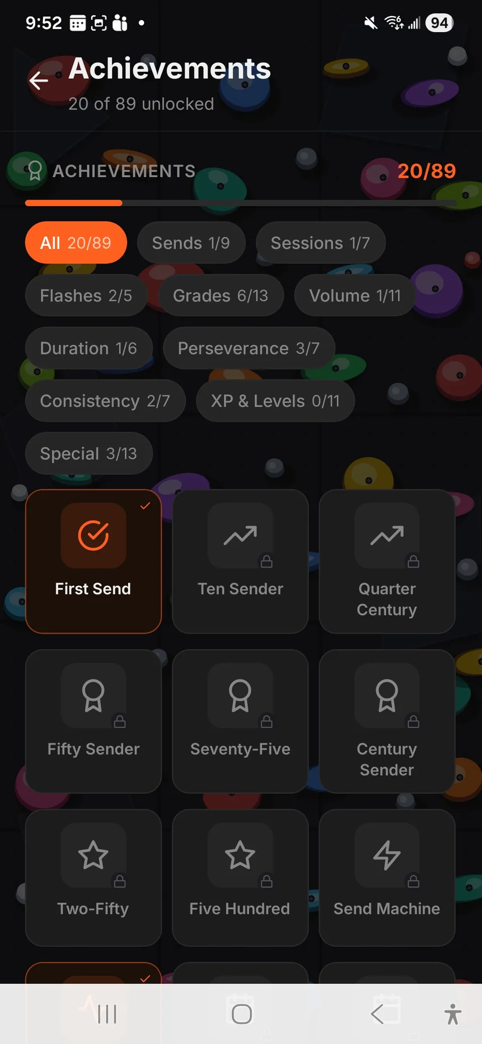 BoulderLog achievement grid with unlocked milestones and progress.