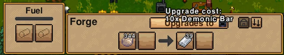 The forge upgrade option and material cost.
