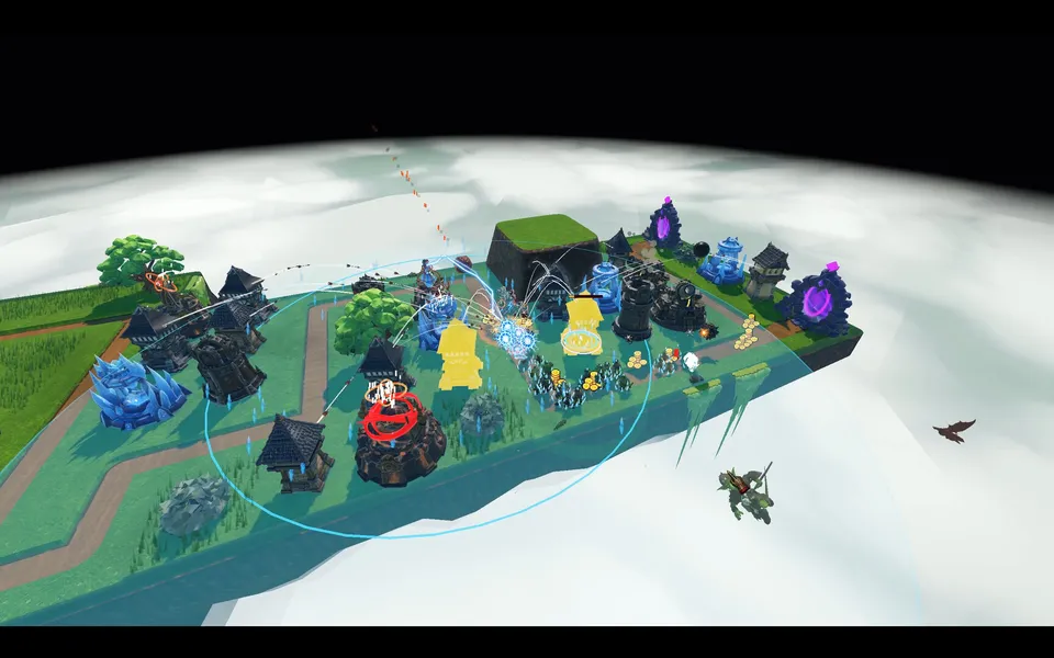 Towers and combat effects along the route.