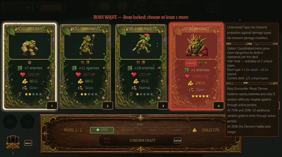 Boss-wave draft choices and enemy details.