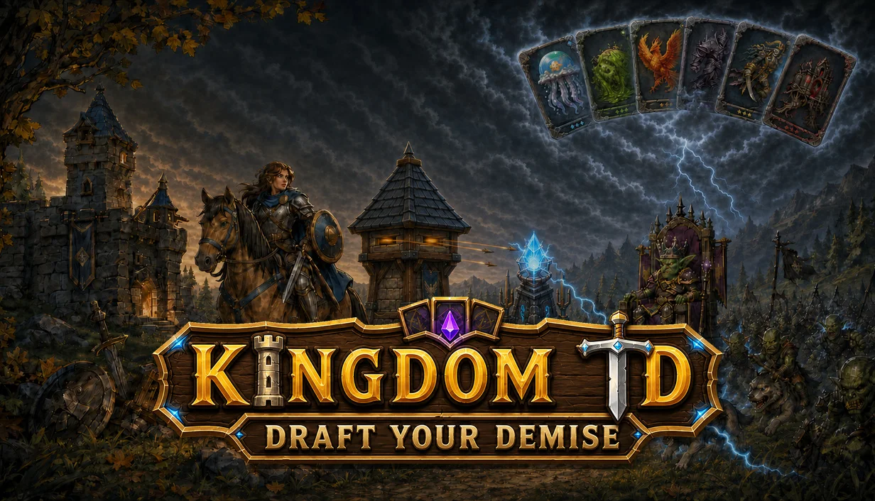 Kingdom TD cover: a mounted rider, defensive towers, and enemy cards under a stormy sky.