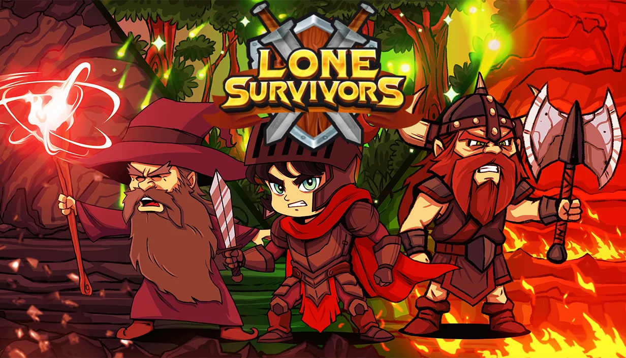 Lone Survivors cover featuring a wizard, a hooded swordsman, and an axe-wielding dwarf.
