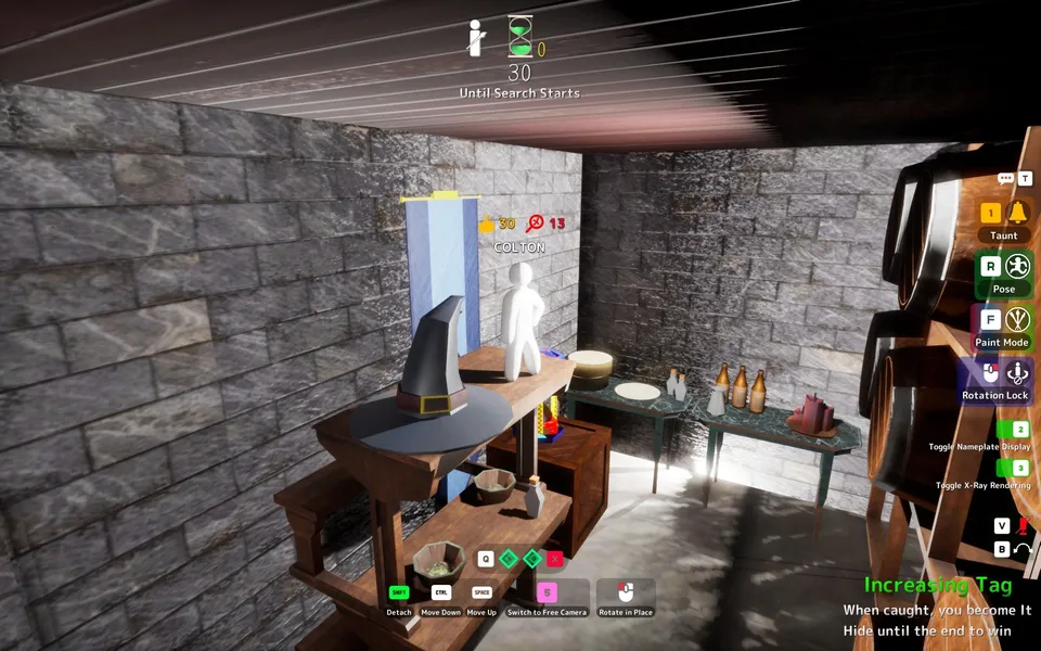 Tables and props in a stone-walled room.