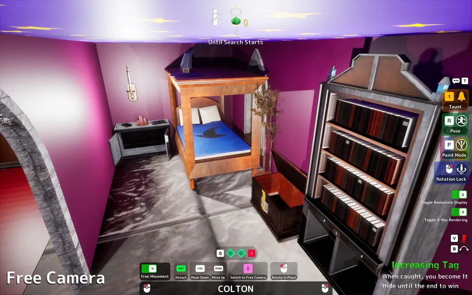 A bedroom and bookshelves in Swiftbroom Academy.