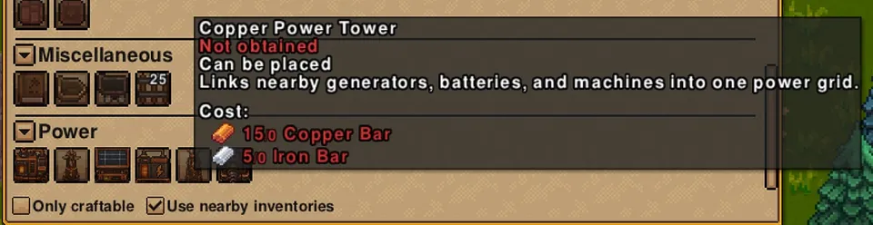 Copper Power Tower crafting details.