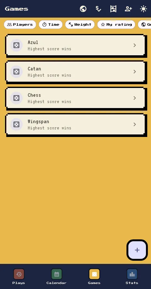 Shelf & Score Games screen with four sample board games and collection filters.