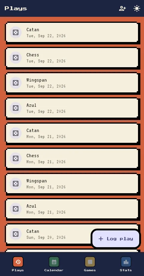 Shelf & Score play log listing sample Catan, Chess, Wingspan, and Azul sessions.